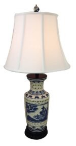 Royal Designs Oriental Blue and Antique White Hand Painted Fishing Scene Crackle Porcelain Oblong Table Lamp - 21.5"