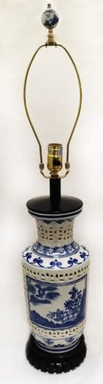 Royal Designs Oriental Blue and Antique White Hand Painted Fishing Scene Crackle Porcelain Oblong Table Lamp - 21.5" - Image 4