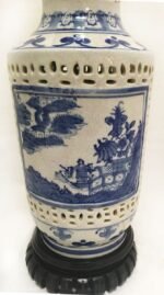Royal Designs Oriental Blue and Antique White Hand Painted Fishing Scene Crackle Porcelain Oblong Table Lamp - 21.5" - Image 3
