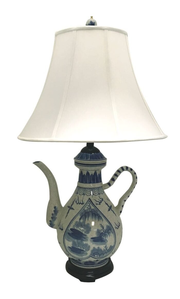 Oriental Blue and Antique White Crackle Hand Painted Porcelain Teapot Table Lamp - 21" - Image 2