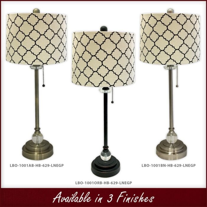 28" Crystal Buffet Lamp with Eggshell and Black Moroccan Print Shallow Drum Hardback Lamp Shade - Image 4