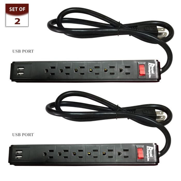 Sharp Side Plug Set of 2 Black USB Power Strip and Surge Protector with 6 Outlets and ...